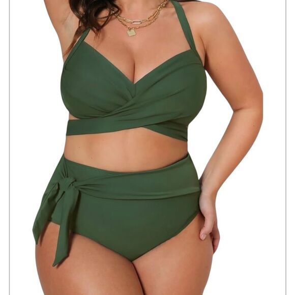CUPSHE Army Green Bikini High Waisted Wrapped Front Knotted Bottom Size 3X NEW - Picture 6 of 16